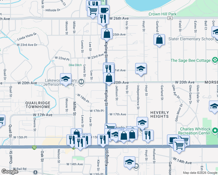 map of restaurants, bars, coffee shops, grocery stores, and more near 1980 Kipling Street in Lakewood