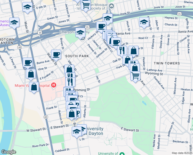 map of restaurants, bars, coffee shops, grocery stores, and more near 168 Park Dr in Dayton