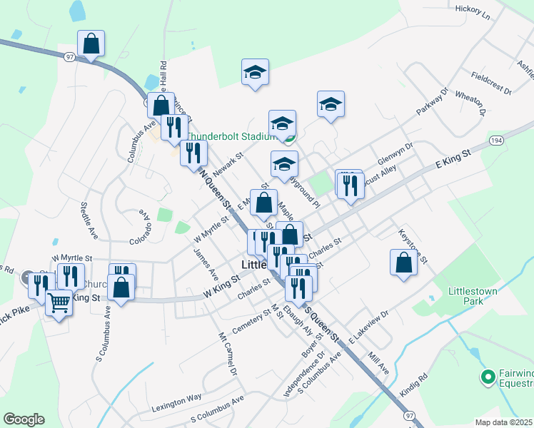 map of restaurants, bars, coffee shops, grocery stores, and more near 57 Prince Street in Littlestown