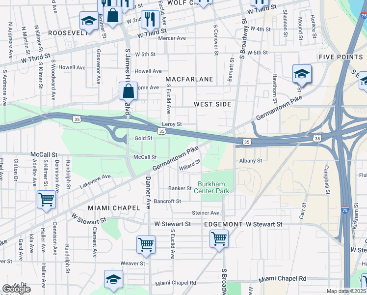 map of restaurants, bars, coffee shops, grocery stores, and more near 1537 Germantown Street in Dayton