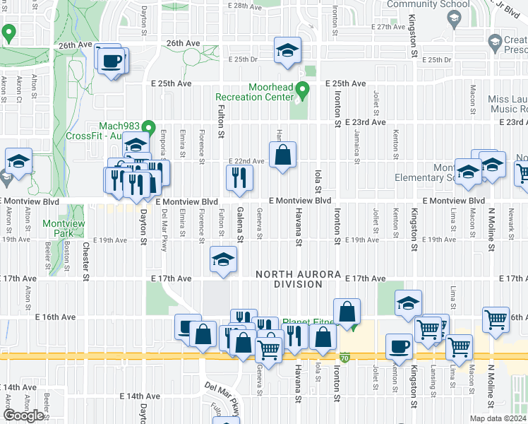 map of restaurants, bars, coffee shops, grocery stores, and more near 1964 Geneva Street in Aurora