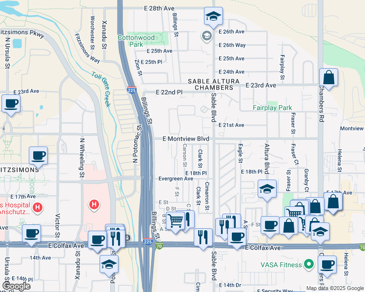 map of restaurants, bars, coffee shops, grocery stores, and more near 14285 East 19th Place in Aurora