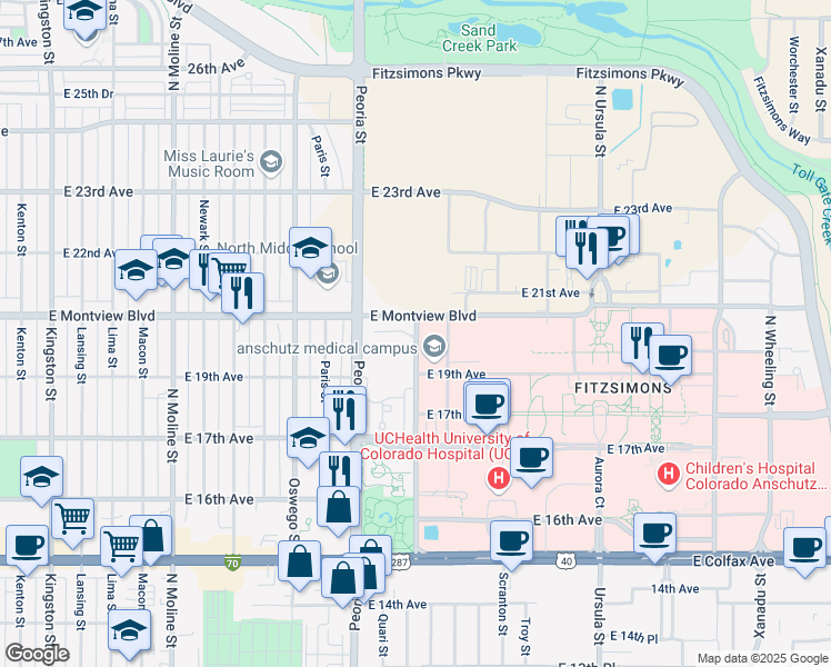 map of restaurants, bars, coffee shops, grocery stores, and more near 1959 North Quentin Street in Aurora