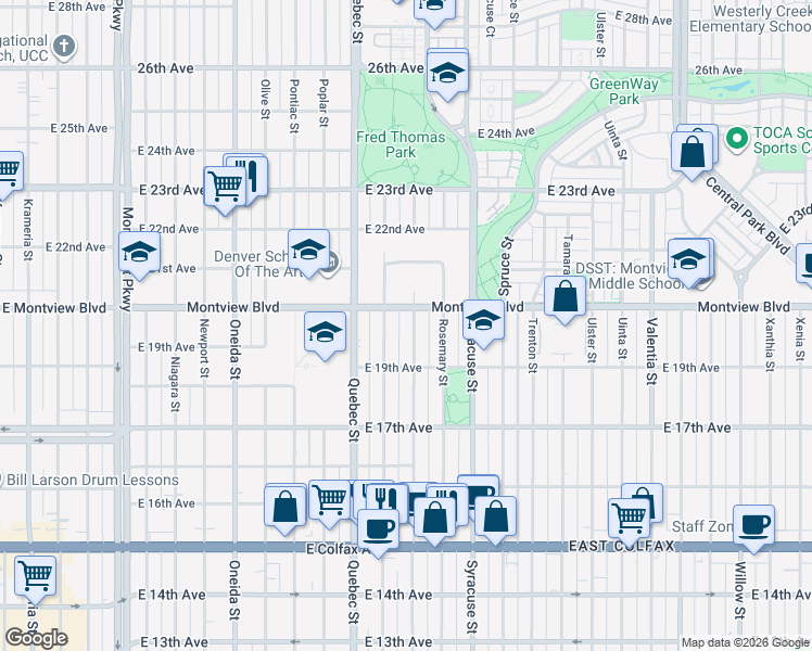 map of restaurants, bars, coffee shops, grocery stores, and more near 1980 Roslyn Street in Denver