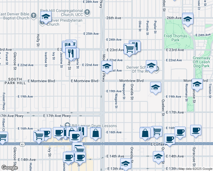 map of restaurants, bars, coffee shops, grocery stores, and more near 1950 Magnolia Street in Denver
