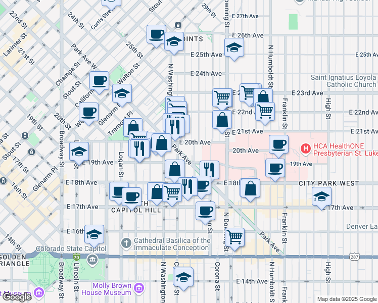 map of restaurants, bars, coffee shops, grocery stores, and more near 1954 Emerson Street in Denver