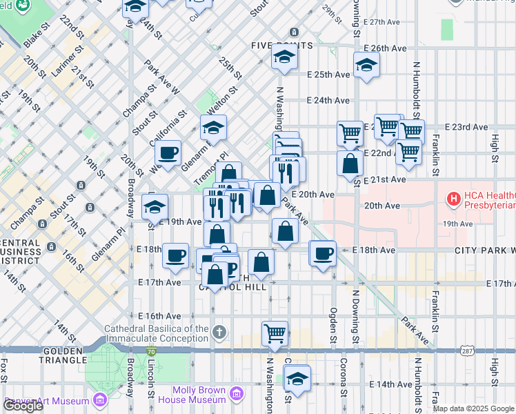 map of restaurants, bars, coffee shops, grocery stores, and more near 1985 North Washington Street in Denver