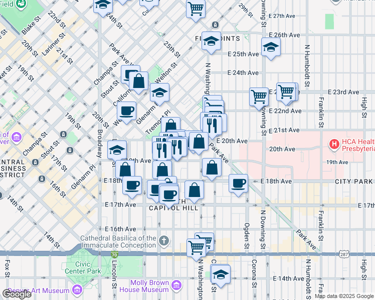 map of restaurants, bars, coffee shops, grocery stores, and more near in Denver