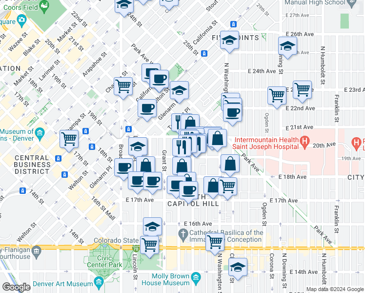map of restaurants, bars, coffee shops, grocery stores, and more near 1958 Logan Street in Denver