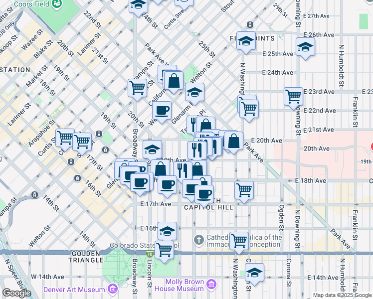 map of restaurants, bars, coffee shops, grocery stores, and more near 1935 Logan Street in Denver