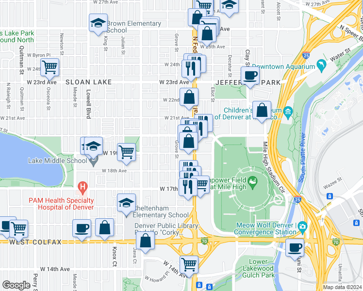 map of restaurants, bars, coffee shops, grocery stores, and more near in Denver