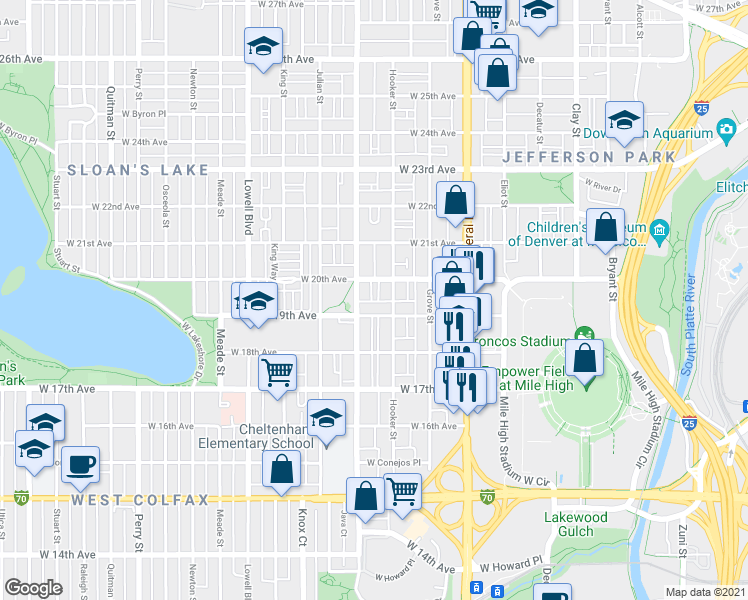 map of restaurants, bars, coffee shops, grocery stores, and more near 1915 Hooker Street in Denver