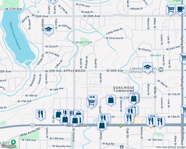 map of restaurants, bars, coffee shops, grocery stores, and more near 11256 West 20th Avenue in Lakewood