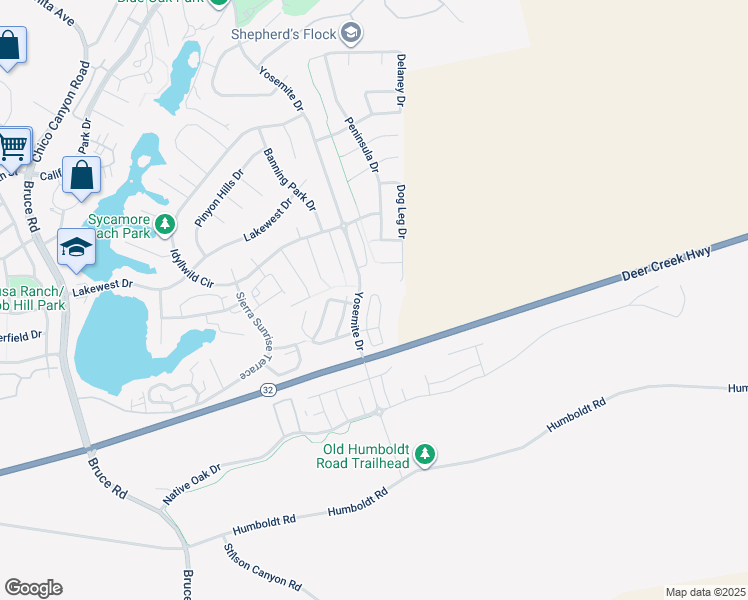 map of restaurants, bars, coffee shops, grocery stores, and more near 1266 Dog Leg Drive in Chico