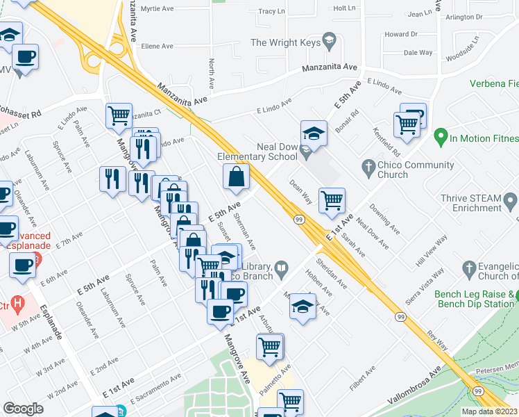 map of restaurants, bars, coffee shops, grocery stores, and more near 1415 Sheridan Avenue in Chico