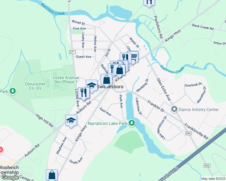 map of restaurants, bars, coffee shops, grocery stores, and more near in Swedesboro