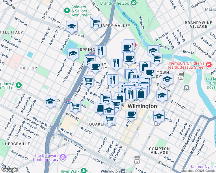 map of restaurants, bars, coffee shops, grocery stores, and more near 603 West 9th Street in Wilmington