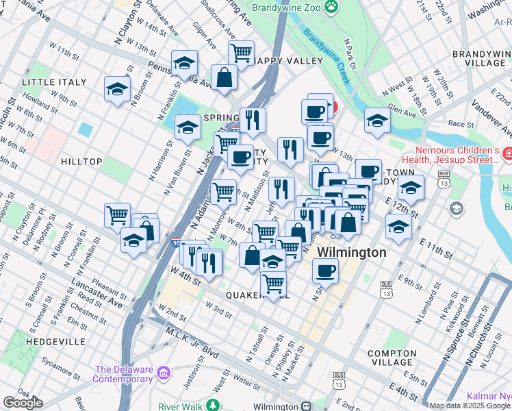 map of restaurants, bars, coffee shops, grocery stores, and more near 849 North Madison Street in Wilmington