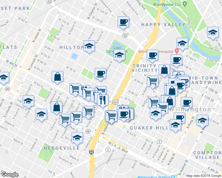 map of restaurants, bars, coffee shops, grocery stores, and more near 703 North Jackson Street in Wilmington