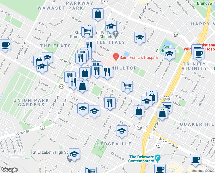 map of restaurants, bars, coffee shops, grocery stores, and more near 1600 West 4th Street in Wilmington