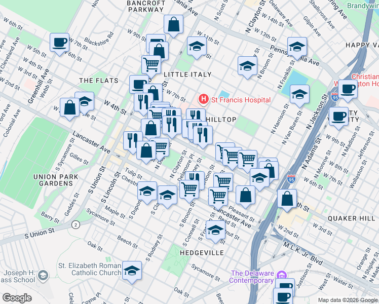 map of restaurants, bars, coffee shops, grocery stores, and more near 1600 West 4th Street in Wilmington