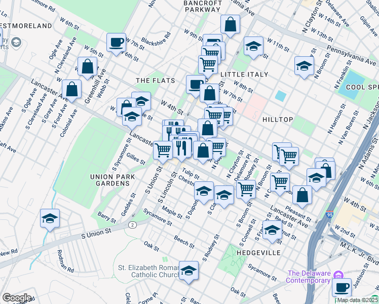map of restaurants, bars, coffee shops, grocery stores, and more near 118 Delaware 2 in Wilmington