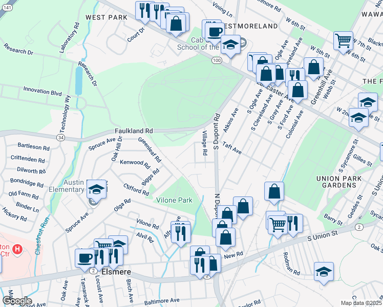 map of restaurants, bars, coffee shops, grocery stores, and more near in Wilmington