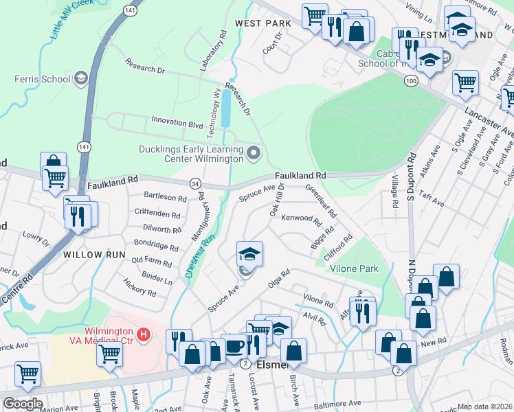 map of restaurants, bars, coffee shops, grocery stores, and more near 1405 Wedgewood Road in Wilmington