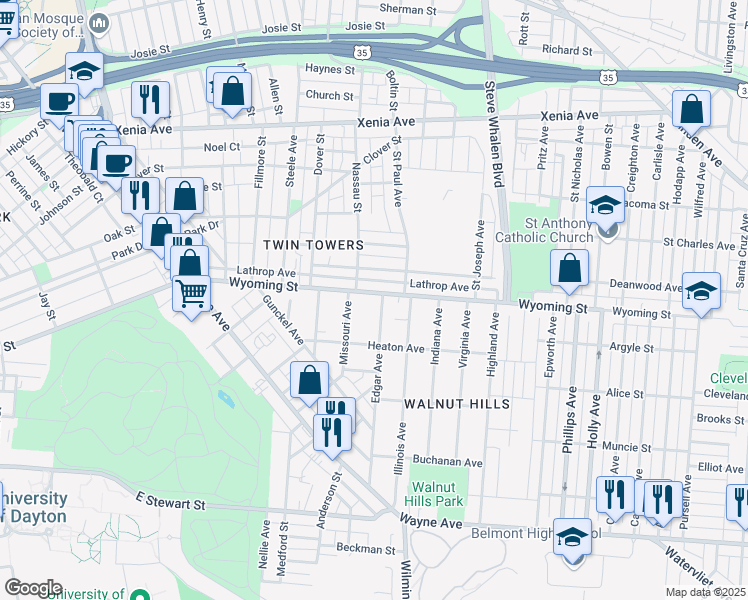 map of restaurants, bars, coffee shops, grocery stores, and more near 1208 Wyoming Street in Dayton