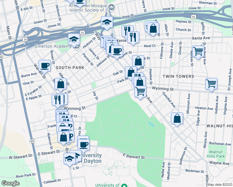 map of restaurants, bars, coffee shops, grocery stores, and more near 128 Cross Street in Dayton