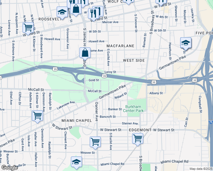 map of restaurants, bars, coffee shops, grocery stores, and more near 719 South Euclid Avenue in Dayton