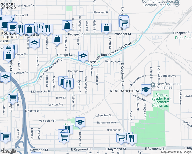 map of restaurants, bars, coffee shops, grocery stores, and more near 1542 Harlan Street in Indianapolis