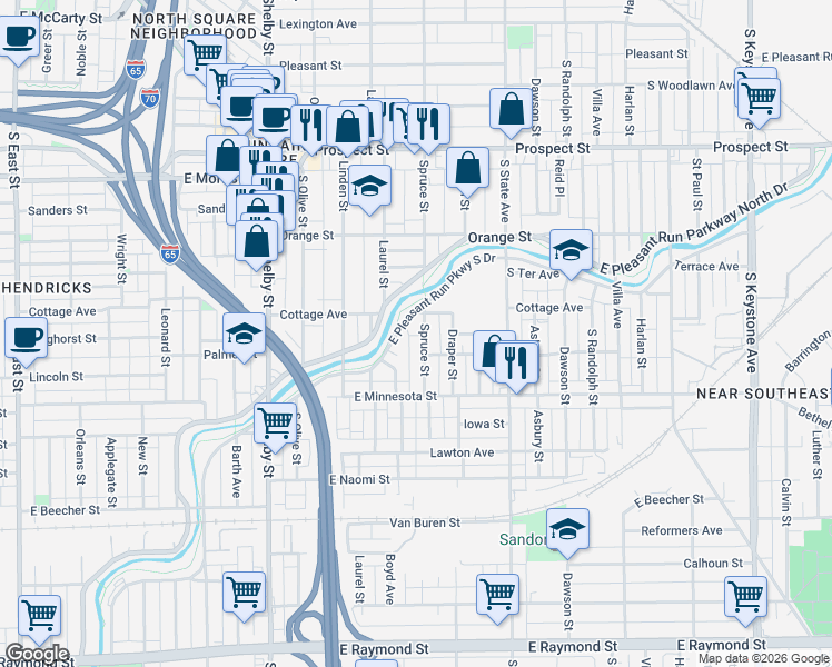map of restaurants, bars, coffee shops, grocery stores, and more near 1518 Spruce Street in Indianapolis