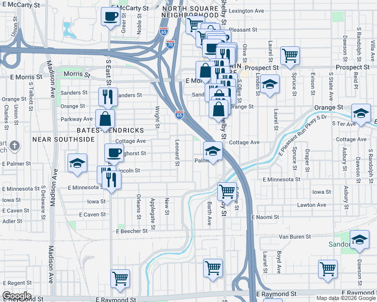map of restaurants, bars, coffee shops, grocery stores, and more near 1533 Leonard Street in Indianapolis
