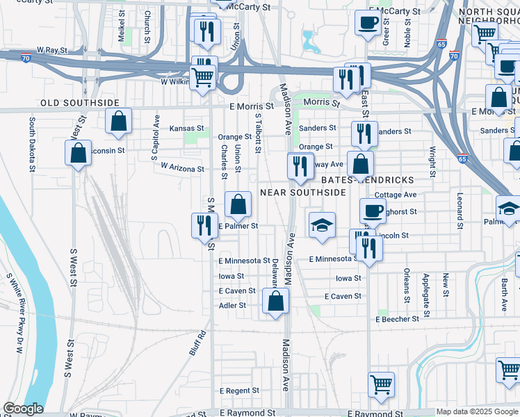 map of restaurants, bars, coffee shops, grocery stores, and more near 202 East Palmer Street in Indianapolis