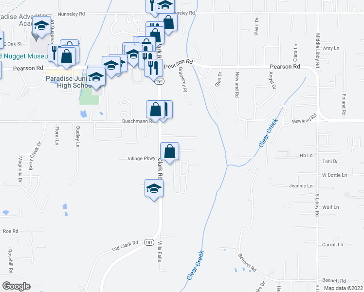 map of restaurants, bars, coffee shops, grocery stores, and more near 1117 Noffsinger Ln in Paradise