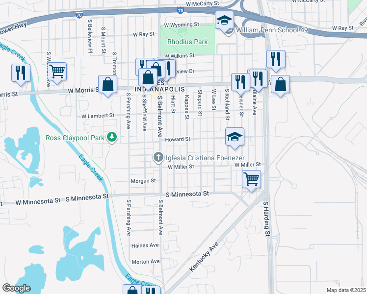 map of restaurants, bars, coffee shops, grocery stores, and more near 1412 Kappes Street in Indianapolis