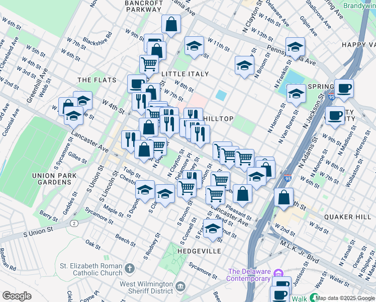 map of restaurants, bars, coffee shops, grocery stores, and more near 1600 West 4th Street in Wilmington