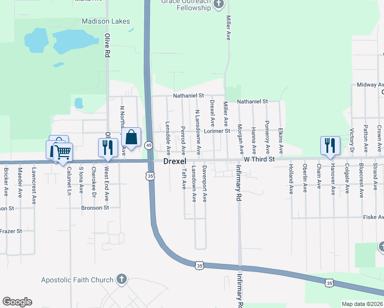 map of restaurants, bars, coffee shops, grocery stores, and more near 5699 West Third Street in Dayton