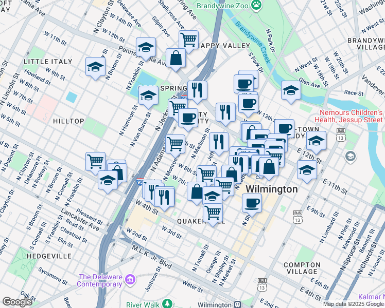 map of restaurants, bars, coffee shops, grocery stores, and more near 845 North Madison Street in Wilmington