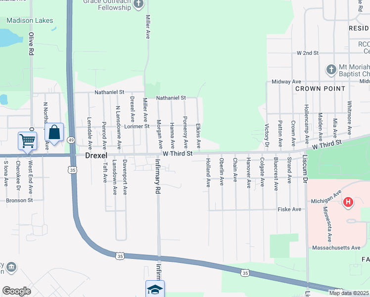 map of restaurants, bars, coffee shops, grocery stores, and more near 5453 West Third Street in Dayton