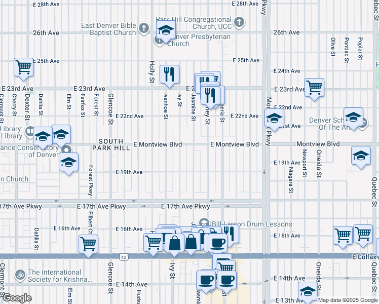 map of restaurants, bars, coffee shops, grocery stores, and more near 1965 Jasmine Street in Denver