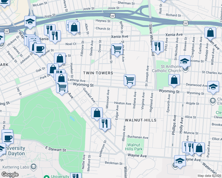 map of restaurants, bars, coffee shops, grocery stores, and more near 1104 Wyoming Street in Dayton
