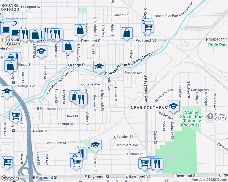 map of restaurants, bars, coffee shops, grocery stores, and more near 1542 Harlan Street in Indianapolis