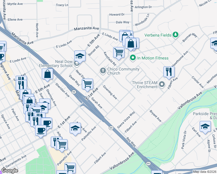 map of restaurants, bars, coffee shops, grocery stores, and more near 4 Terrance Lane in Chico
