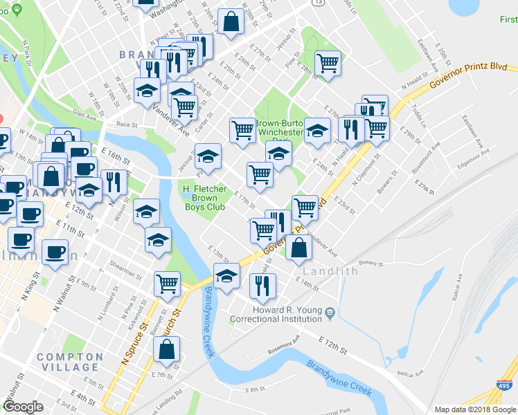 map of restaurants, bars, coffee shops, grocery stores, and more near 913 East 17th Street in Wilmington