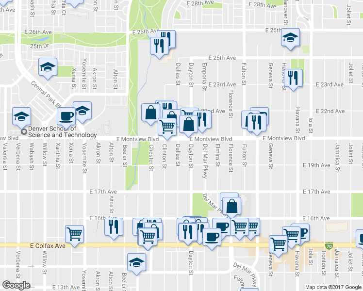 map of restaurants, bars, coffee shops, grocery stores, and more near in Aurora