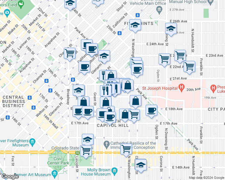 map of restaurants, bars, coffee shops, grocery stores, and more near 1952 Pennsylvania Street in Denver