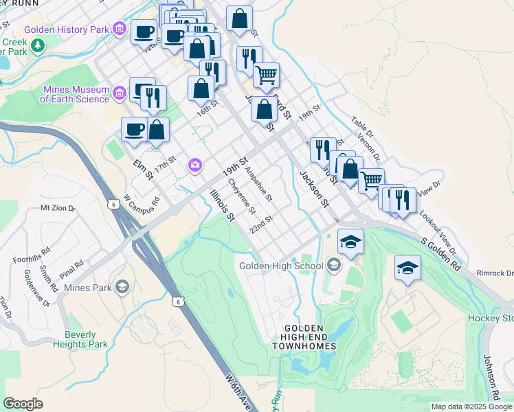 map of restaurants, bars, coffee shops, grocery stores, and more near 2101 Cheyenne Street in Golden