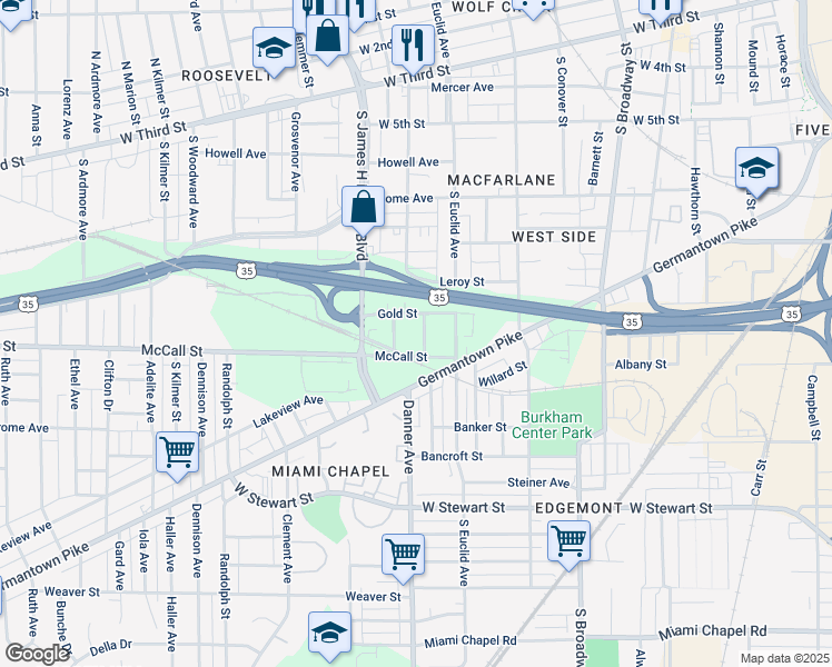 map of restaurants, bars, coffee shops, grocery stores, and more near 715 Delor Street in Dayton